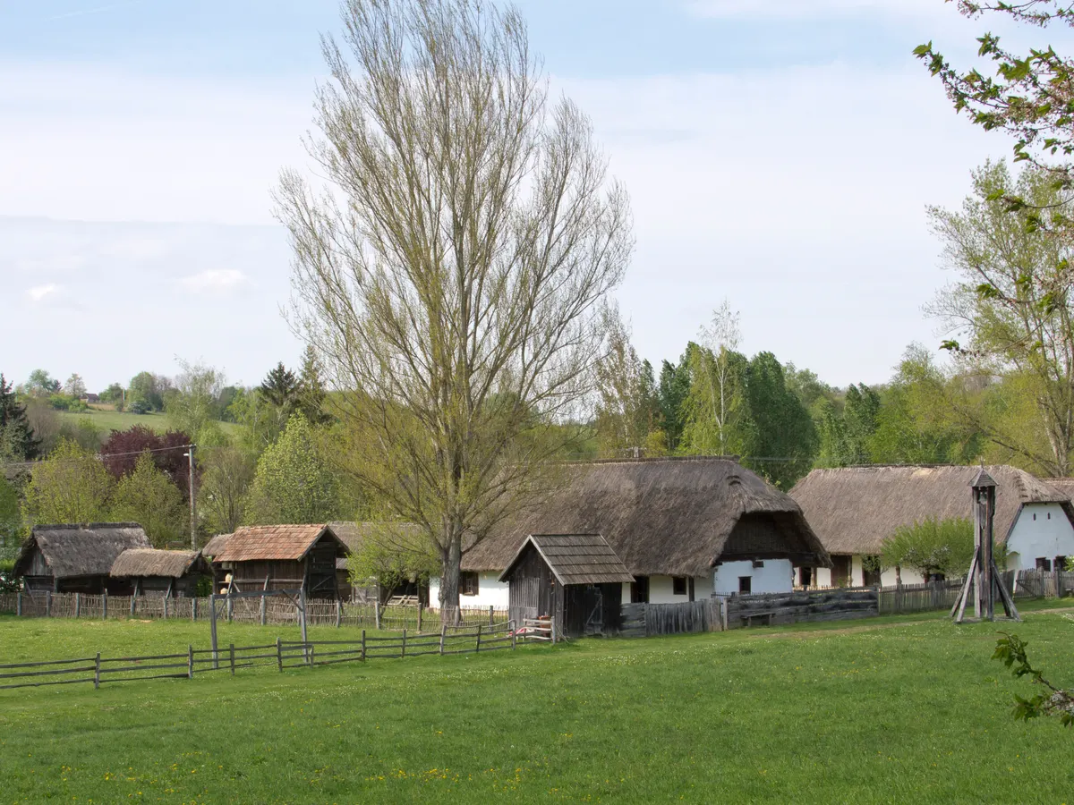 Grüne Weide mit Holzzaun vor alten Bauernhäusern mit Strohdächern